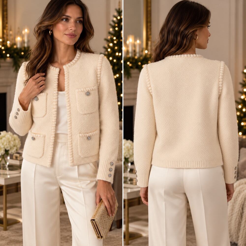 Quiet Luxury Heritage Holiday Lady Jacket J.Crew Odette Jewel Button Cardigan M